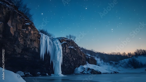 Fototapeta Naklejka Na Ścianę i Meble -  A comet hovering above a frozen waterfall under a clear sky