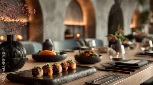 Fototapeta Naklejka Na Ścianę i Meble -  Elegant Japanese Restaurant Interior with Sushi on Dark Table