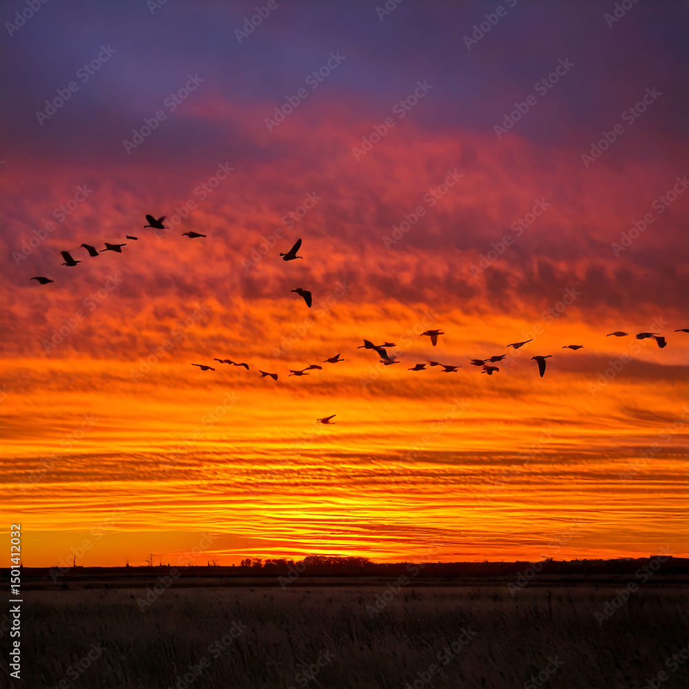 Fototapeta premium Vibrant sunset with silhouettes of birds flying across a fiery orange and purple sky over a dark field. Evokes freedom and transition. Perfect for travel blogs, nature articles.