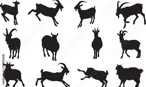 Playful Artistic Goat Silhouette Vector: Dynamic Black Animal Design in Rural Prairie Grassland Wildlife Illustration with Iconic Farm and Forest Elements