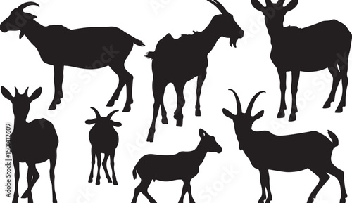Goat Silhouette Collection: Artistic Farm Animal Graphics for Rural Landscape Illustrations and Creative Pasture Life Designs