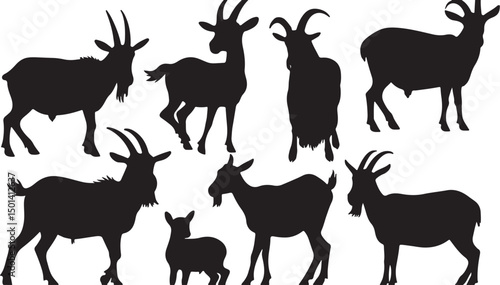Stylized Silhouette Goat Graphic: Iconic Vector Artwork of Rural Wildlife and Grazing Domestic Fauna for Animal Lovers