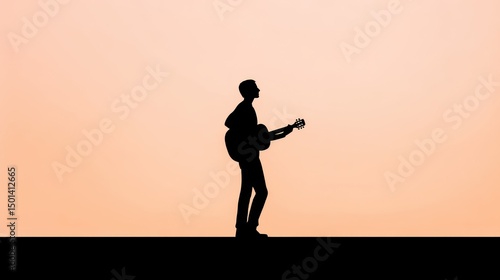 Fototapeta Naklejka Na Ścianę i Meble -  A silhouette of a musician playing guitar against a serene sunset backdrop. This image captures the essence of creativity, inspiration, and personal expression in music.