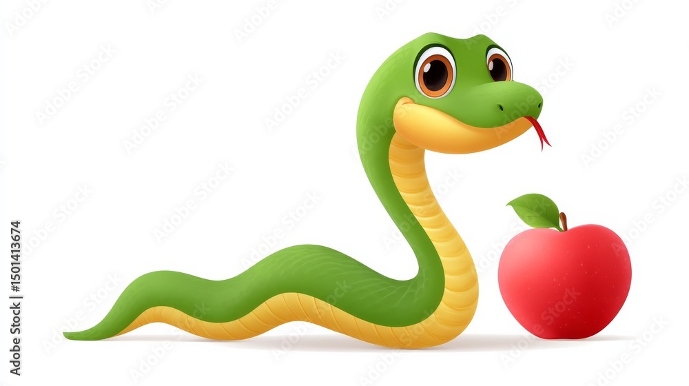 Fototapeta premium Cheerful Cartoon Snake Posing With A Bright Red Apple In A Whimsical Style