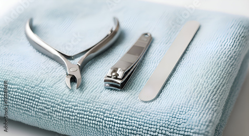 A nail clipper and file on a folded hand towel handuk 