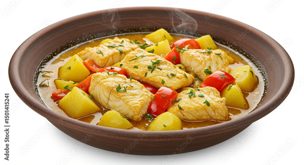 Fish stew with potatoes and peppers, colorful and with thick broth, served in a deep plate, isolated on a white background Fish stew with potatoes and peppers, colorful and with thick broth, served in a deep plate, isolated on a white background