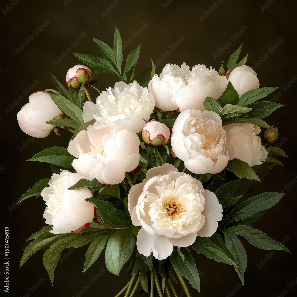 Fototapeta premium White peony flower bouquet on dark background