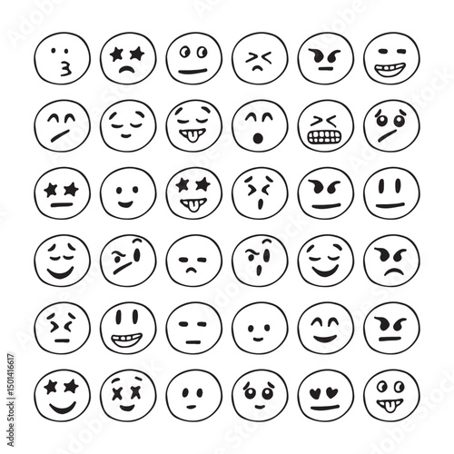 Cute face drawing doodle character retro. Black and white animated face. Facial expression, character. Face sticker. Doodle. Hand drawn. Vector illustration.