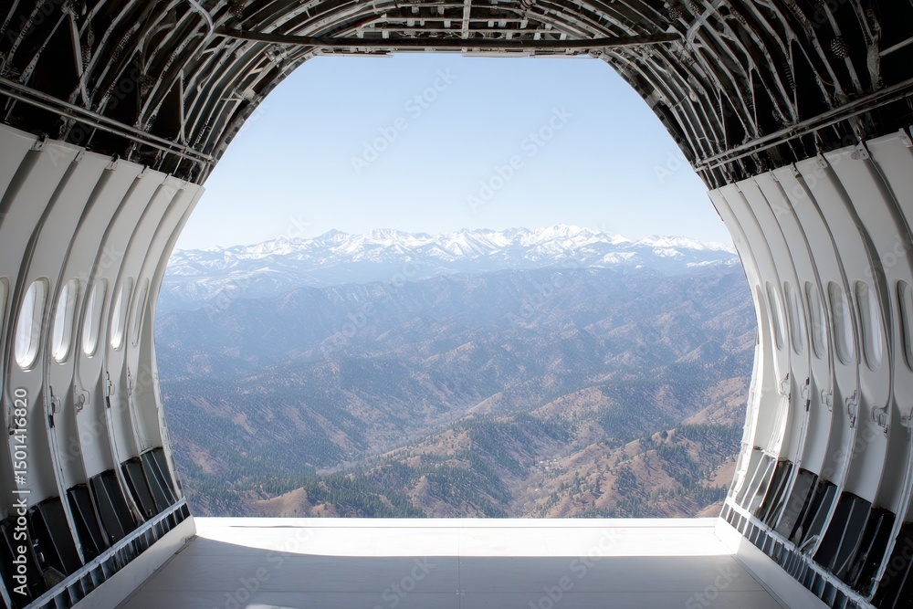 Fototapeta premium Abandoned Airplane Cabin Snowy Mountain View - Solitude, freedom, adventure, exploration