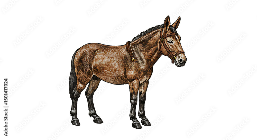 Obraz premium Harnessed mule stands regally sketched in brown