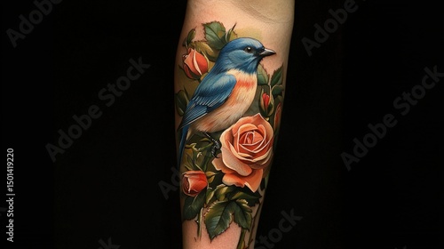 Detailed depiction of a vibrant tattoo featuring a bird and roses.