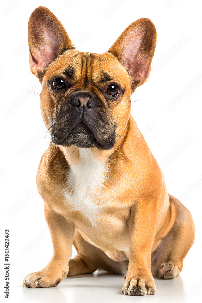 A small French bulldog sits upright with a curious expression, showcasing its distinct features and warm fur color A small French bulldog sits upright with a curious expression, showcasing its distinct features and warm fur color