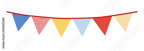 Colorful bunting garland. Party flags on rope. Textured fabric. Birthday celebration, wedding anniversary. Holiday Festa Junina decor. Isolated overlay vector illustration object, banner background