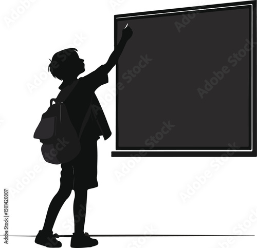 School Boy Writing on Chalkboard Silhouette