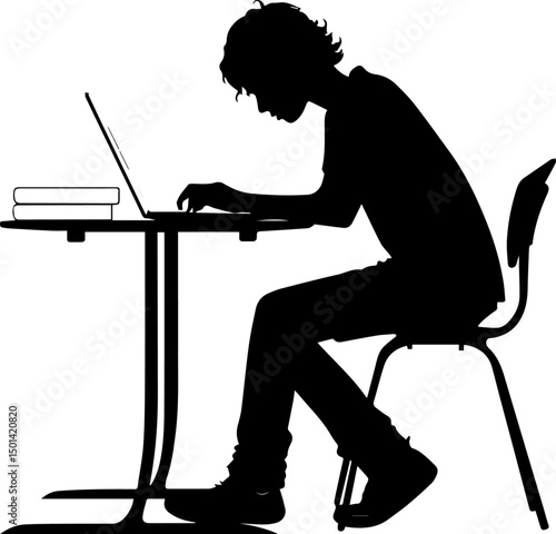 Silhouette of Student Working on Laptop at Desk – Online Learning and Study Concept