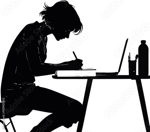 Student Studying at Desk Silhouette - Education and Focus