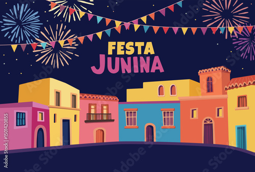 Festa junina, Brazilian june party greeting card, invitation. Sao Joao Latin American holiday. Bunting flags, colorful houses and fireworks. Vector illustration background, web banner, flat design.