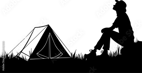Camper Looking at Sky by Tent Silhouette - Night Sky Adventure