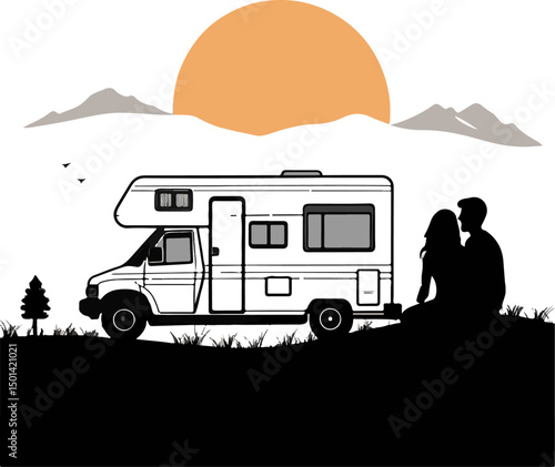 Couple and RV Camping at Sunset - Motorhome Travel Adventure