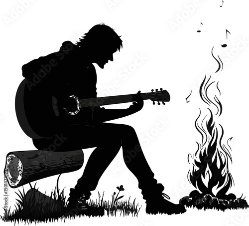 Boy Playing Guitar by Campfire Silhouette - Music Vector Illustration