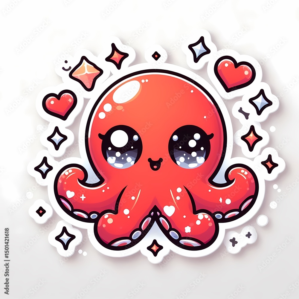 Obraz premium Charming Red Octopus Character with Expressive Eyes and Cute Geometric Ornaments