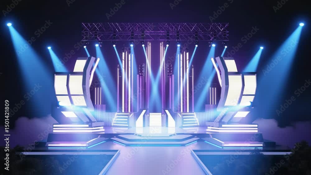futuristic electronic music stage with glowing LED panels and pulsating neon lights in a dark arena, no people looping video background
