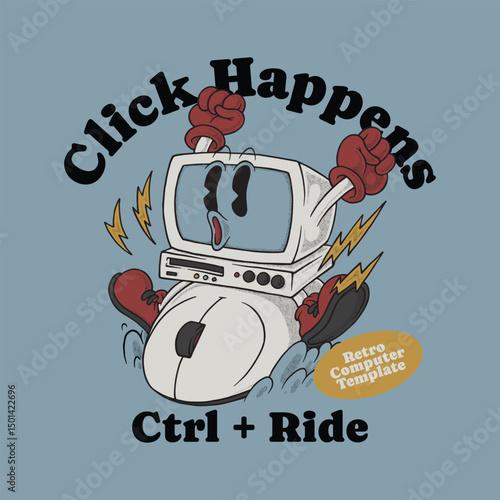 retro cartoon emblem of computer mascot riding mouse
