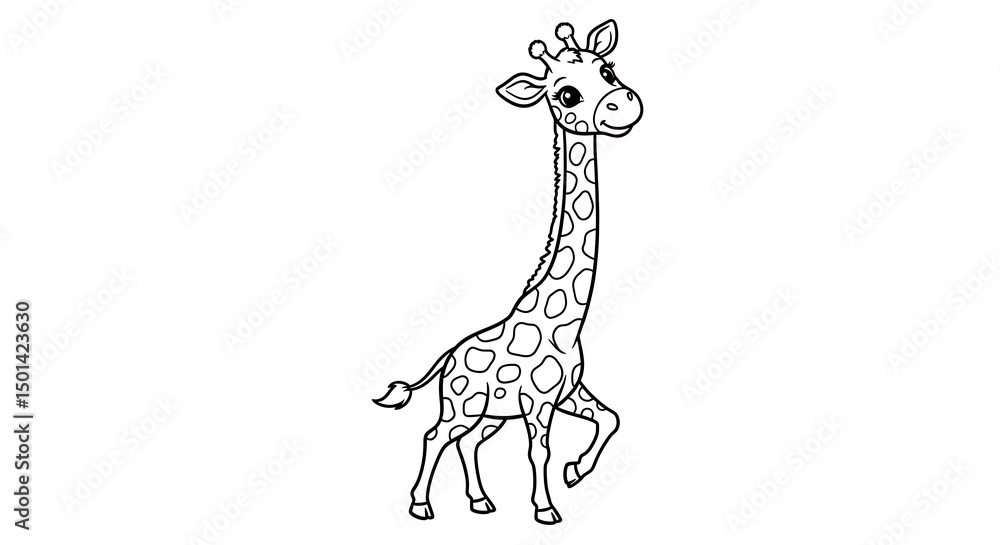 Fototapeta Cute cartoon giraffe illustration. The giraffe has a long neck and spots. The style is simple and childlike.