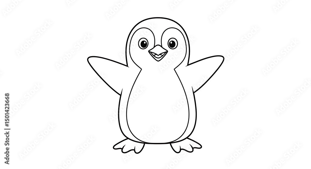 Obraz premium A cute penguin cartoon outline with a cheerful expression and its wings spread wide