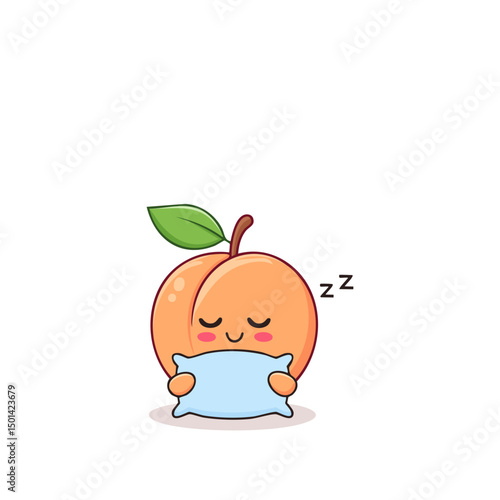 Happy sleepy peach with leaf on top, hugging a pillow tight with a peaceful face. A sweet cartoon illustration perfect for bedtime-themed designs and children’s decor