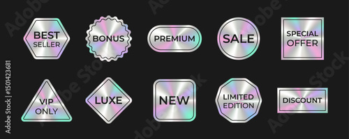 Holographic gradient text labels. Iridescent metallic promo badge set with text for promotions, marketing design stickers. 