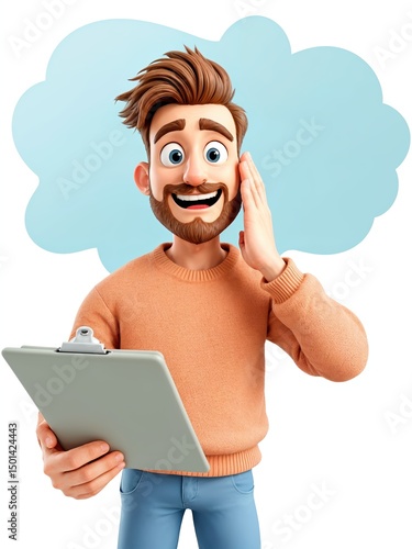 A man with beard content man holds a clipboard and scratches his head