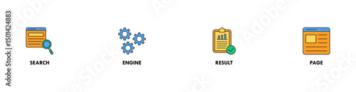 SERP banner web icon vector illustration concept for search engine result page with icon of web search, computer, search engine, mobile search, page result, and statistics graph