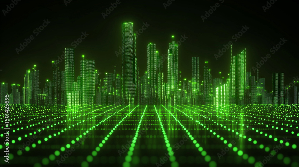 Obraz premium Futuristic city skyline with glowing green lights representing digital technology and urban development against a dark background