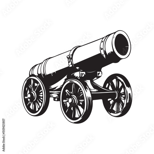 Vector silhouette illustration of a cannon, symbolizing historical artillery and military defense isolated on white background.