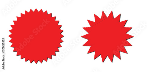 Red Starburst Badge Icons with Sharp Edges – Set of Two Promotional Burst Shapes on Transparent Background
