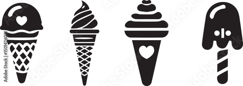 Black and white ice cream vector set featuring various dessert designs in minimalistic outline style perfect for coloring pages menu illustrations or modern graphic projects