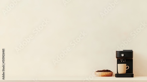 Minimalist coffee setup, espresso machine, coffee beans, and cup on a light beige shelf against a neutral background.  Perfect for coffee shop, cafe, or home brewing concepts.