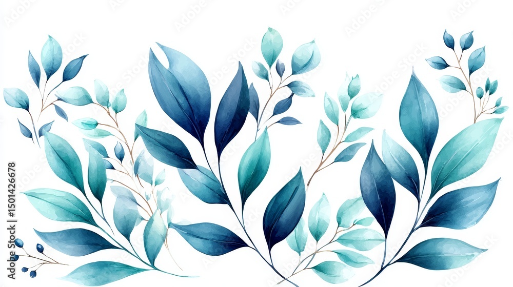 Fototapeta premium Serene Blue Watercolor Botanical Illustration - Elegant watercolor painting of blue leaves and branches, symbolizing serenity, nature, growth, tranquility, and beauty