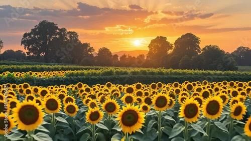Three-Dimensional Sunflower Field at Sunset: A Beautiful Landscape of Rural Nature