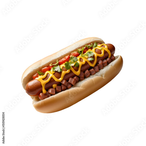 Delicious Chili Cheese Hot Dog with Mustard, Cilantro, and Toppings on a Soft Bun – Isolated on Black Background.