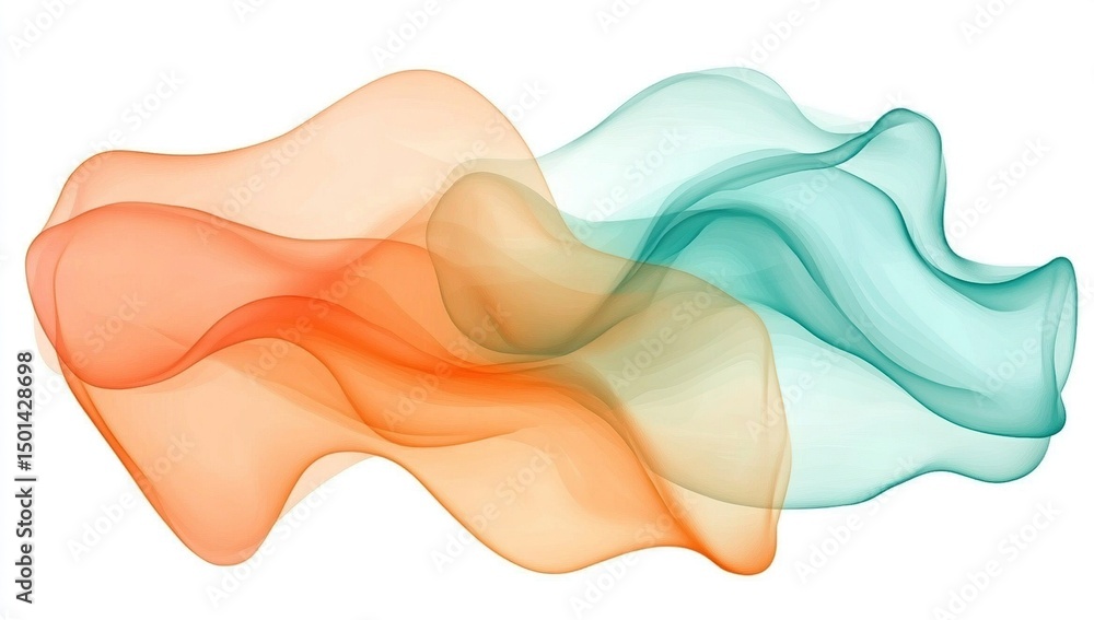 Naklejka premium Abstract color waves in shades of orange and teal on a white background, fluid organic shapes, used as wallpaper or a print, digital art element for creative projects like graphic designs