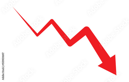 Red arrow going down stock icon on white background. Symbol of down arrow graph icon. financial market crash icon. Red Down Arrow Stock Market Crash Decline Fall icon vector. 