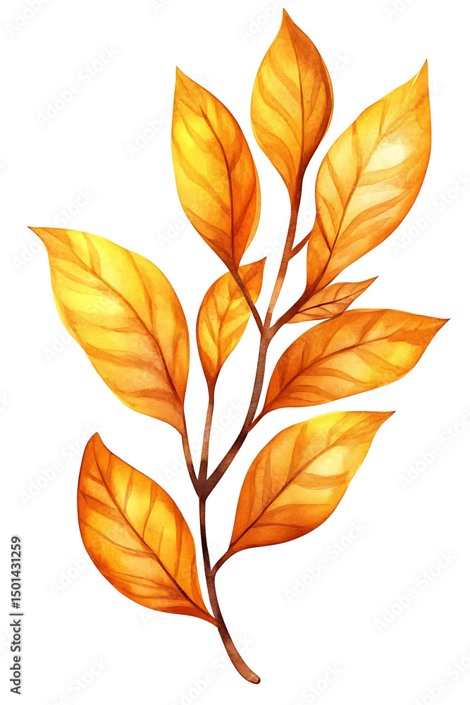 Fototapeta premium Watercolor autumn leaves branch with warm golden tones on transparent background