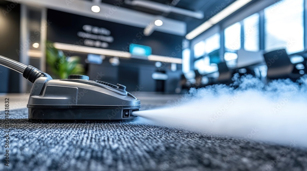 Fototapeta premium Steam cleaning equipment with extended nozzle lying on office carpet tiles