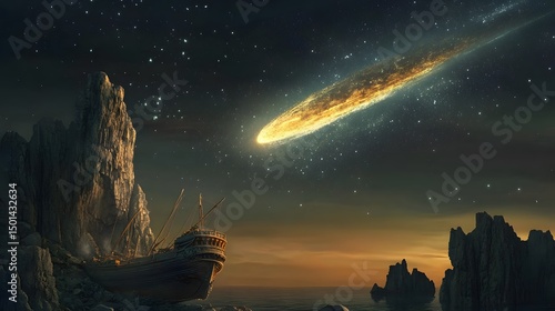 Fototapeta Naklejka Na Ścianę i Meble -  Ancient ship sailing under a sky lit by a massive comet