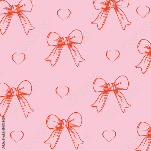 Seamless pattern of ribbons with hearts in cartoon style on pink background. Cute fashion design. Vector illustration.