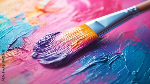 A paintbrush spreads vibrant colors across a textured canvas in a lively, artistic scene.