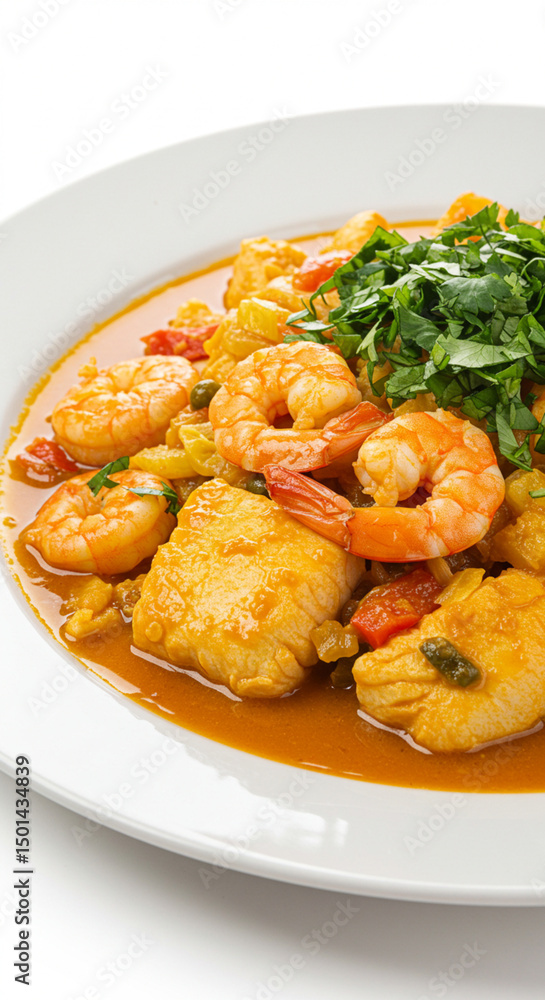 Opened Brazilian acarajé, showing vatapá and shrimp filling, isolated on white background, studio shot with bright lighting Opened Brazilian acarajé, showing vatapá and shrimp filling, isolated on white background, studio shot with bright lighting