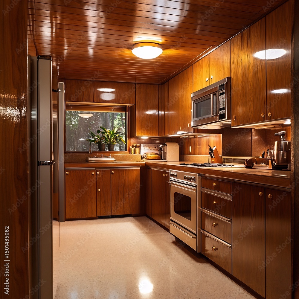 Fototapeta premium Mid-century modern kitchen with warm wood paneling – stylish interior featuring deep wood cabinets, retro design elements, and natural tones for elegant home architecture and lifestyle visuals